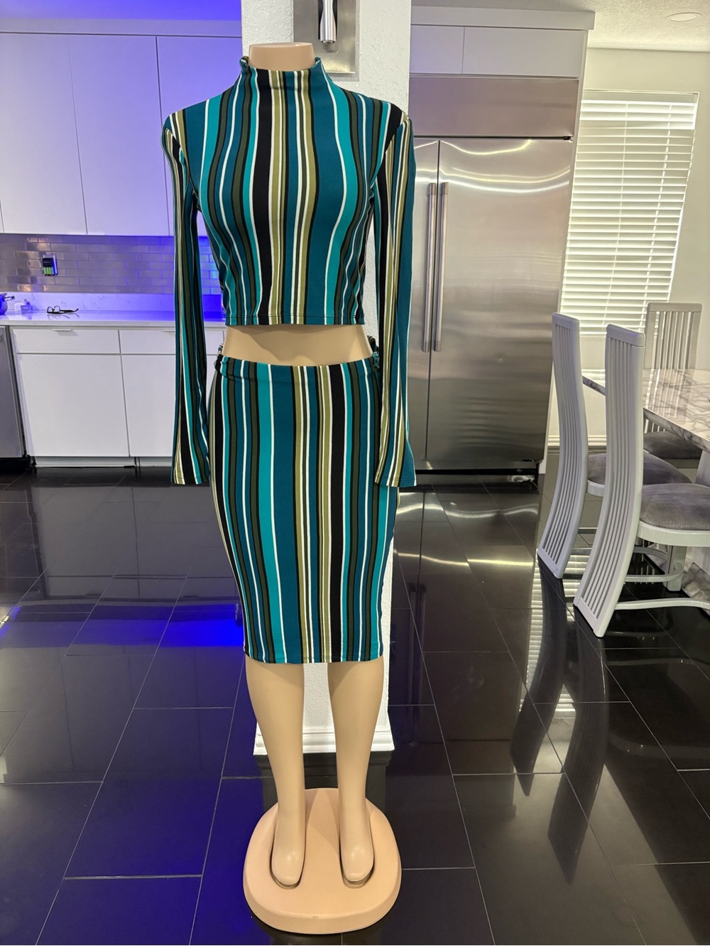 feathers Teal & Black Striped Long-Sleeve Crop Top and Midi Skirt Set